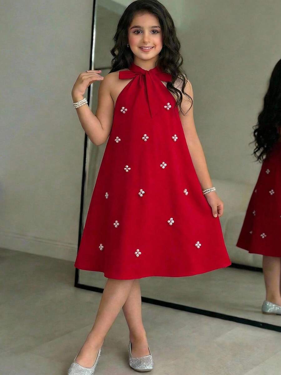 Firerie Kids Vestido de línea A con escote de halter rojo elegante para niña preadolescente - Rojo - Ver 1