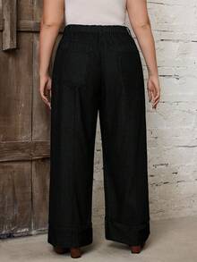 EMERY ROSE Plus Size Casual Everyday Solid Color Slant Pocket Loose Wide Leg Jeans Formal Holiday Black Spring - Black - View 2