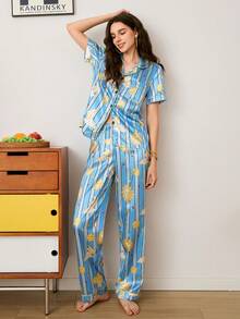 Striped Cosmic Star & Moon Print Satin Long Sleeve Collar Women Pajama Set - Blue - View 3