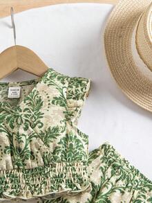 SHEIN Babygirl Vacation Casual Cute Floral Print Cap Sleeve Top And Elastic Waist Pants Set - Green - View 3