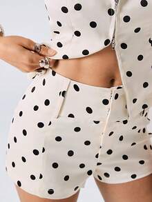 LYSMO Women's Polka Dot Zip-Up Sleeveless Top And Shorts Casual 2 Pieces Set - Beige - View 5