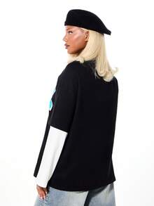SUMWON WOMEN Oversized Contrast Long Sleeve Graphic T-Shirt With White Layered Sleeve Detail And Front Number Print For Casual Winter Streetwear - Black - View 2