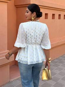 Weeklong Women's Plus-Size Bohemian-Style Deep Print V-Neck A-Line Retro Short-Sleeved Chiffon Top Brown Foil Stamping Spring Summer Gym - White - View 2