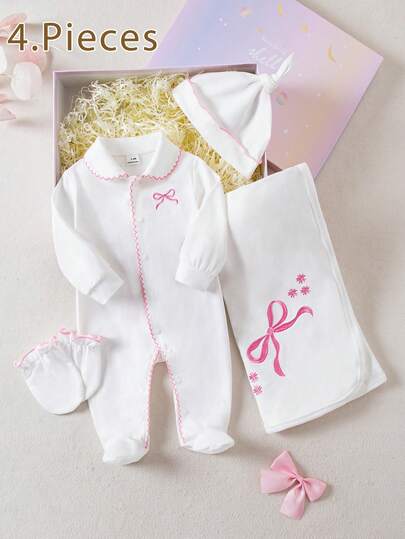 Newborn Baby Girl 4-Piece Set: White Knitted Romper With Embroidered Butterfly & Flower Pattern, Long Sleeves, Footie Pants, Doll Collar, Button Front, Mitten Gloves, Hat, And Swaddle Blanket In Pink Contrast Trim, Spring/Summer