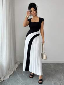 SHEIN Elenzya Elegant Romantic Vacation & Office Wear Square Collar Black & White Contrast Pleated Dress - Black and White - View 7