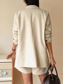 DAZY 女士单排扣翻领西装短裤套装 - 卡其色 - 查看 3