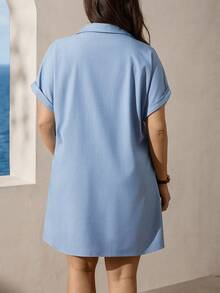 Zelara 大码女式俏皮黄色纽扣衬衫裙 - 藍色 - 查看 3