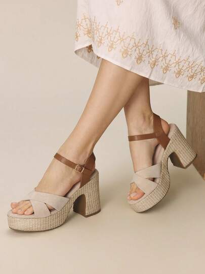 Styleloop Sandalias de plataforma de tacón alto con contraste de rayas de ante y ribete de rafia en color marrón albaricoque para mujer. Sandalias cómodas de punta redonda, suela gruesa y tacón ancho, adecuadas para looks casuales, de vacaciones, playa, commuting, bohemio, retro americano, festivales de música y fiestas.