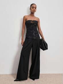 ATUI Studio 黑色性感镂空蝴蝶结抹胸上衣，提花刺绣抹胸上衣，优雅外出上衣，情人节礼物 - 黑色 - 查看 2