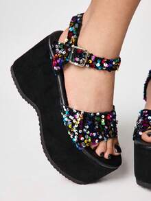 Sugerpunk Women's Black High Heel Sandals, Peep Toe Crystal Embellished Dressy Shoes, Y2K Sweet/Punk Rock/Gothic Style, Suitable For Going Out And Vacation, Halloween Valentine's Day - Black Sequins - View 3