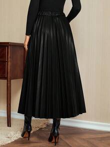 Vintamour 复古优雅女士百褶裙 PU 皮革休闲办公装假日长款百褶裙 酒红色百褶裙 仿皮裙 优雅裙 中长裙 酒红色裙子 秋季女装 冬季女装 圣诞节女装 感恩节女装 - 黑色 - 查看 6