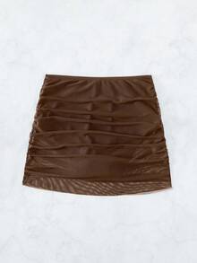 Swim Vcay 女士纯色荷叶边网纱休闲百搭短裙泳裤 - 棕色 - 查看 4