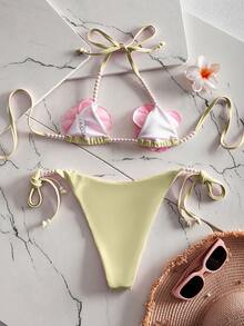 Swim Mod Bộ bikini gợi cảm màu trơn dành cho nữ, kiểu buộc dây cổ, đính hạt cườm và trang trí ngọc trai, thích hợp cho kỳ nghỉ biển. - Màu vàng ngỗng - Xem 4