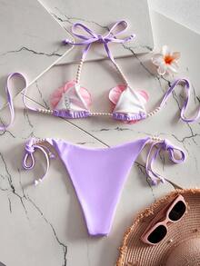 Swim Mod Bộ bikini gợi cảm màu trơn dành cho nữ, kiểu buộc dây cổ, đính hạt cườm và trang trí ngọc trai, thích hợp cho kỳ nghỉ biển. - Màu tím hoa cà - Xem 4
