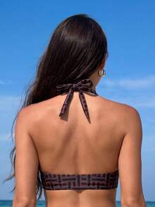 Swim Lushoire Women's 2-Piece Bikini Set Set, Elegant Plaid Random Print V-Neck Halter Top And Triangle Bottoms Bikini Swimwear Set, Summer - Multicolor - View 5