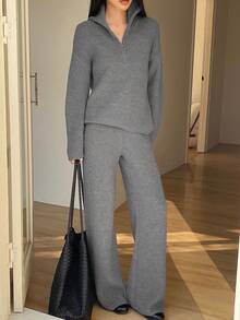 DAZY Women's Casual Solid Color Half-Zip Sweater And Wide Leg Pants 2 Pieces Set, Autumn/Winter - Light Grey - View 3