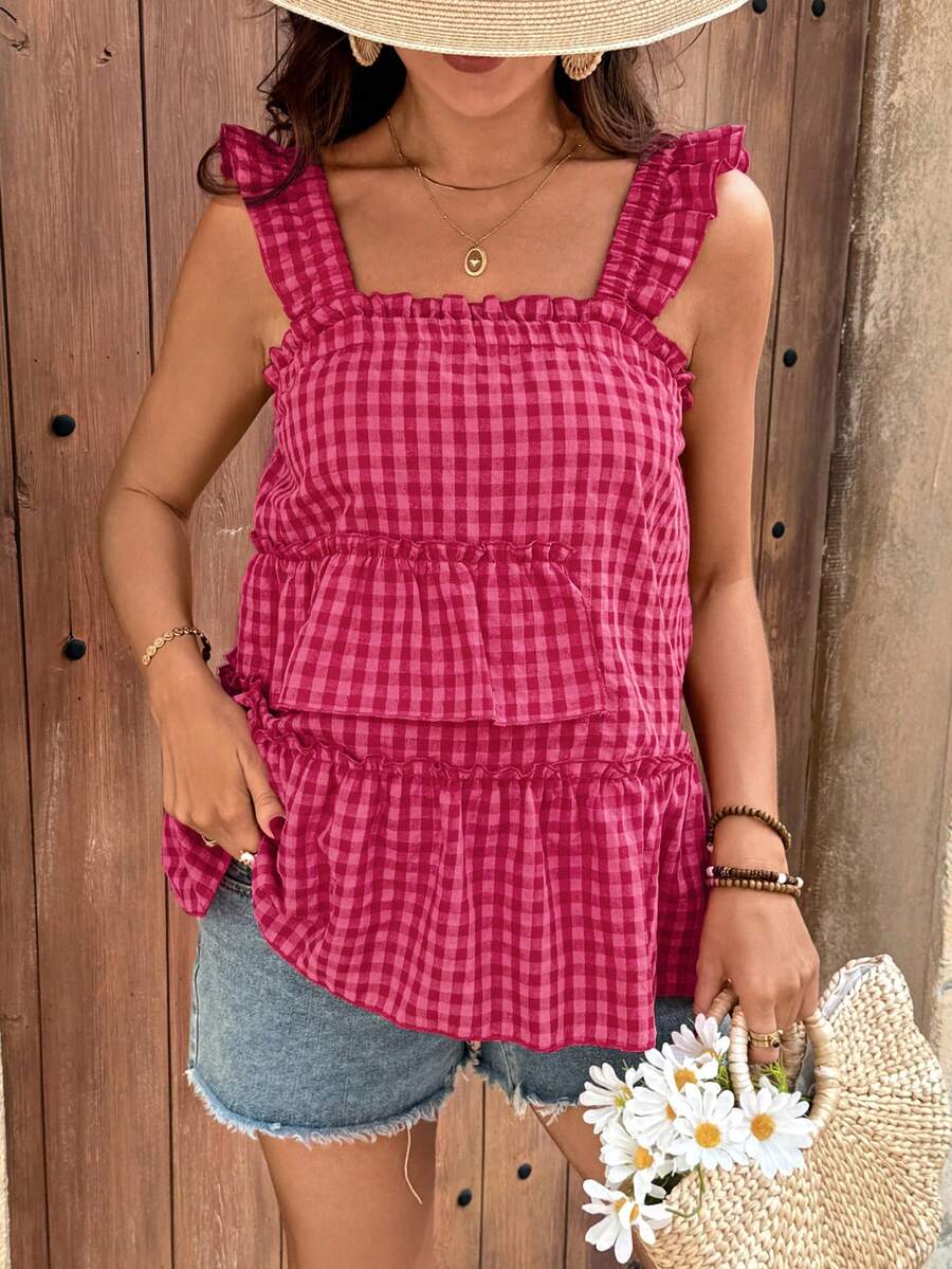 SHEIN 孕妇格子方领短袖荷叶边下摆宽松时尚夏季背心 - 玫紅色 - 查看 1