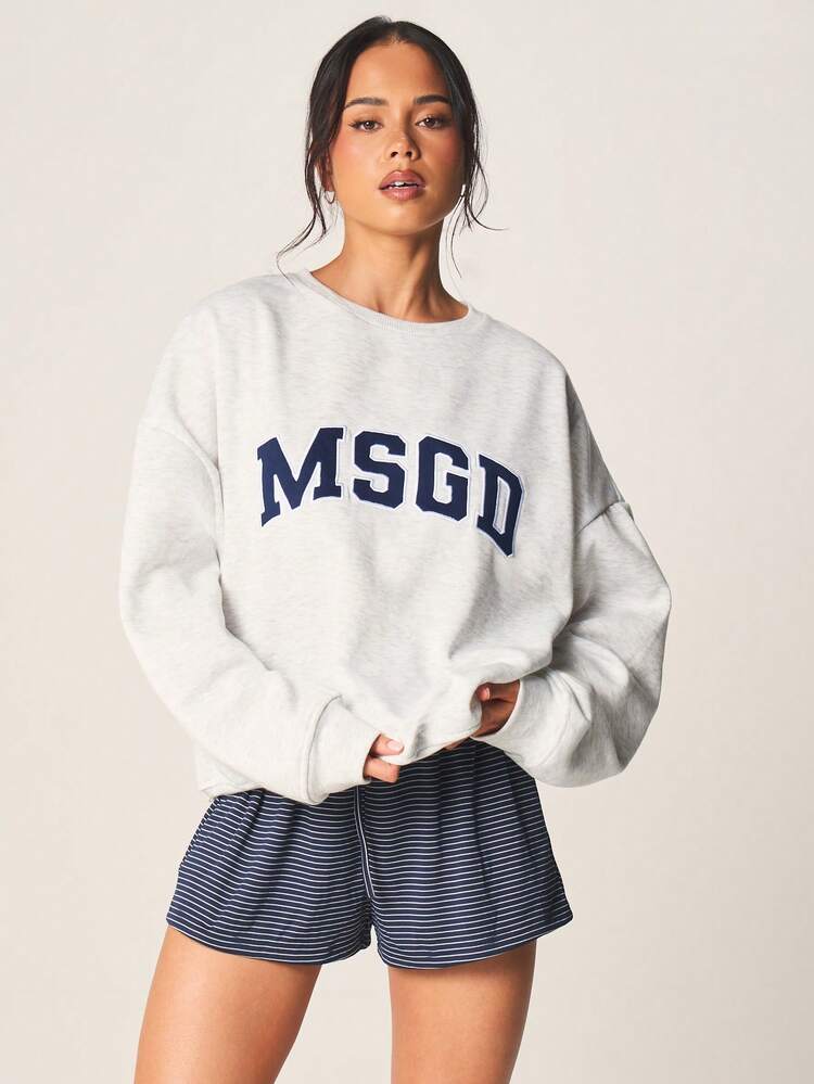 MISSGUIDED MSGD Varsity College Style Oversized Crew Neck Sweatshirt With Navy Letter Print Fall Winter Casual Pullover