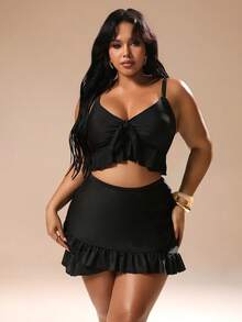 Auralis Plus Size Women's Black Solid Fashion Front Bow Tie Ruffle Hem Adjustable Strap Camisole Top And Bodycon Skirt Swimwear Set,Summer Beach Holiday - Black - View 7