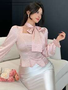 DAZY Spring/Summer Polka Dot Print Chiffon Blouse With Tie Neck, Bow Tie, Pink, Elegant For Casual, Wedding, Commute, Flounce Hem, Long Sleeve, Women - Pink - View 8