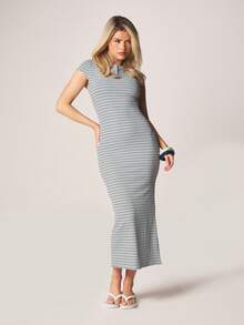 MISSGUIDED Striped Cap Sleeve Crew Neck Maxi Dress Button Front Ribbed Knit Casual Long Dress Summer Beach Resort Vacation Outfit - Multicolor - View 1