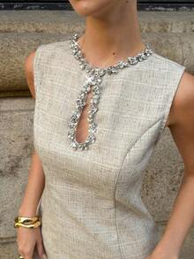 Siren Gaze Women's Round Neck Sleeveless Hollow Out Rhinestone Mini Dress,Beige Summer Classy Elegant Brunch White Chic Cocktail Party Luxury Embellished Outfit - Apricot - View 7