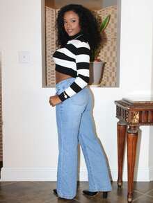 Steph T 秋冬双色立领短款毛衣、长袖上衣 - 黑與白 - 查看 5