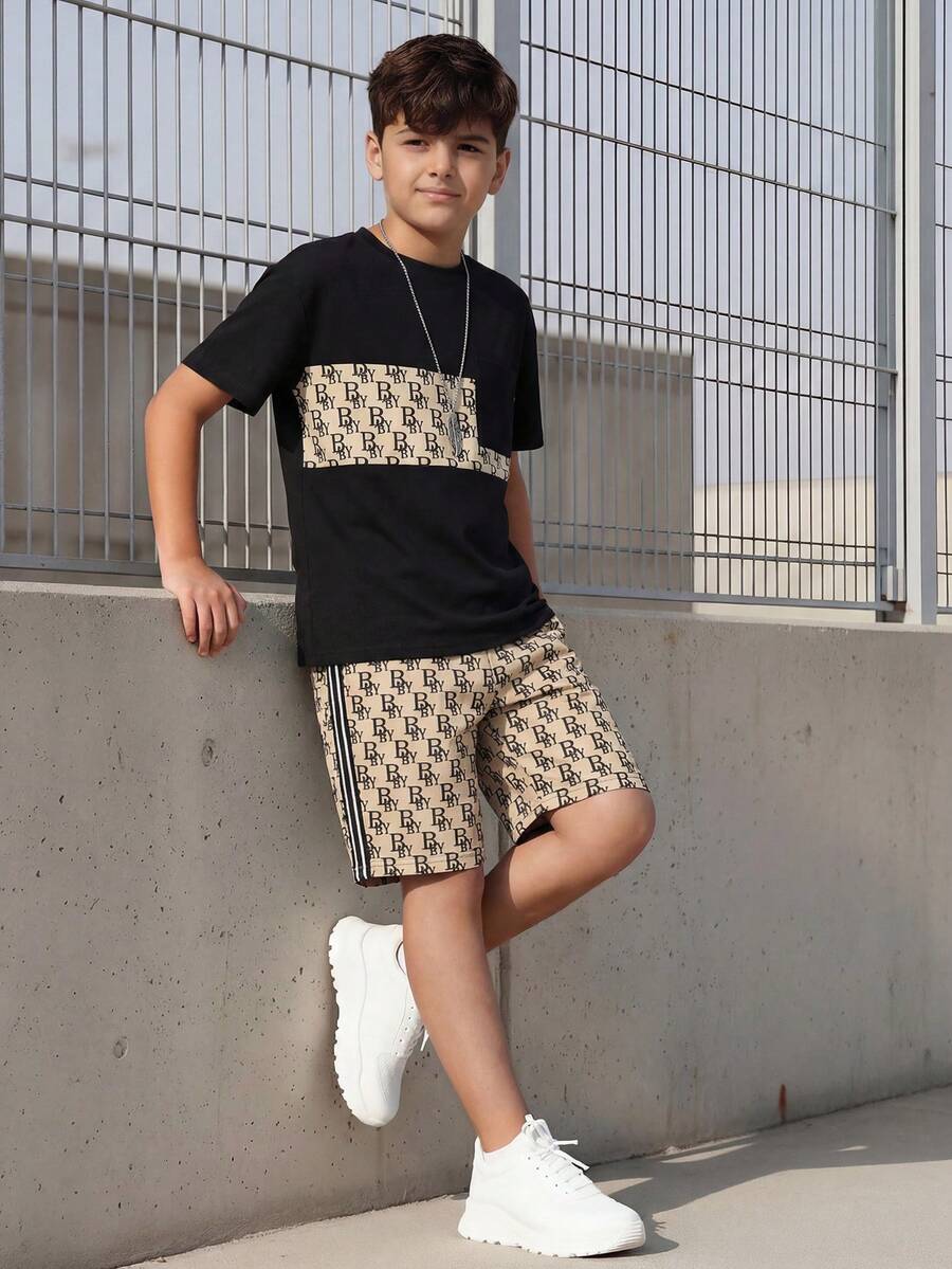 Vacaura 青少年男孩休闲拼布印花T恤和短裤套装,夏季 - 黑色 - 查看 1