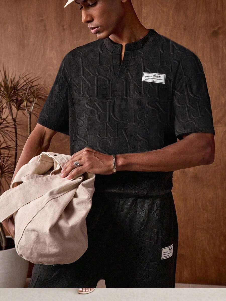 AKNOTIC Business Casual 2pcs Men's Fitted Knit Casual T-Shirt Set, Suitable For Summer - Black - View 1