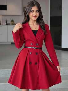 SHEIN 新款优雅法式红色长袖西装连衣裙，正式场合设计感百褶连衣裙，别致女神翻领双排扣长袖连衣裙 - 酒紅色 - 查看 1