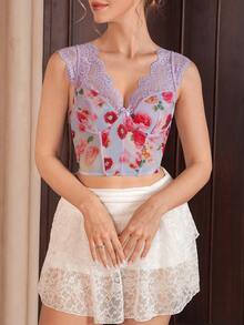 Myrelith 1件花卉撞色蕾丝抹胸上衣 - 彩色 - 查看 3