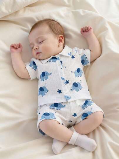 SHEIN 新生儿套装：100%纯棉卡通印花衬衫领短袖上衣+短裤两件套，夏季