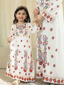 SHEIN Young Girl Floral Print Round Neck Long Sleeve Dress, White Autumn Family Matching Traditional Arabic Dress, Modest Kaftan Young Girls Jalabiya Abaya - Multicolor - View 3