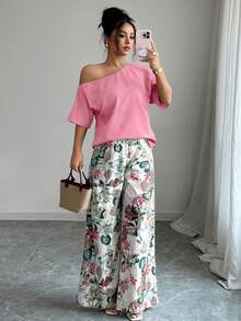 Selianne 两件套：不对称肩部上衣和印花裤 - 粉色 - 查看 6