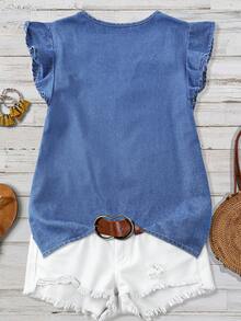 Rusticease Playful Ruffle Sleeve Washed Denim Shirt - Blue - View 2