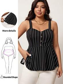Enliva Camiseta sin mangas con botones y estampado de rayas para mujeres de talla grande, para silueta de manzana y redondeada, para el verano - Negro - Ver 1