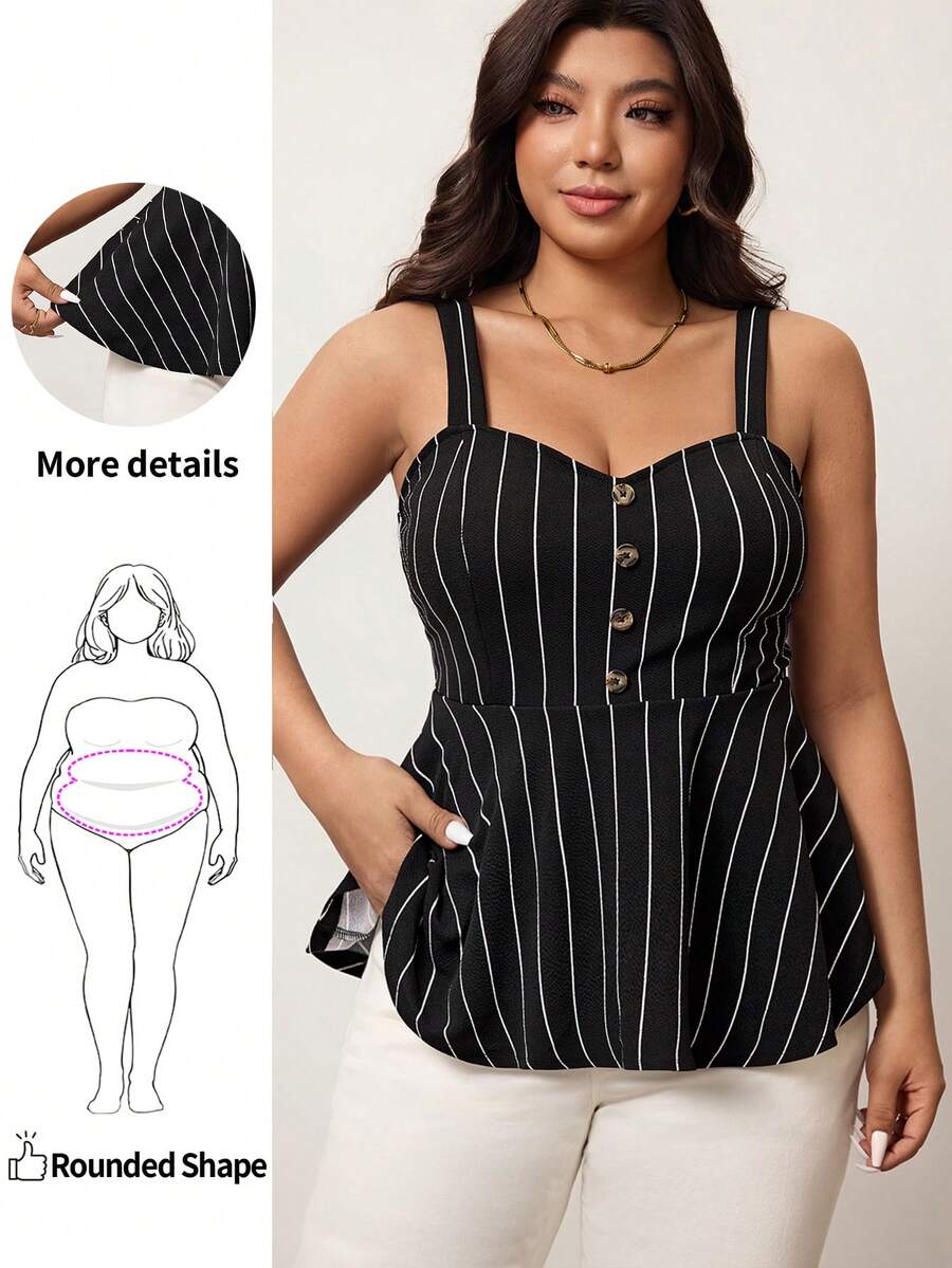 Enliva Camiseta sin mangas con botones y estampado de rayas para mujeres de talla grande, para silueta de manzana y redondeada, para el verano - Negro - Ver 1