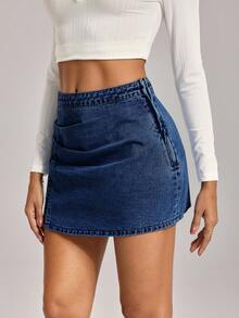 SHEIN Tall Women's Casual Pleated Slit Denim Mini Skirt, Summer - Medium Wash - View 4