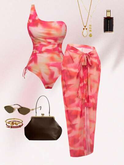 Swim Oasis 2026 New Plus Size One-Piece Swimsuit, Asymmetric Shoulder Design, Side Drawstring, Printed Triangle One-Piece & Maxi Skirt 2 Pieces Set