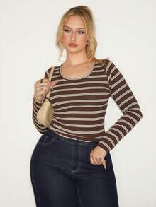 Arliah Camiseta ajustada de manga larga y cuello redondo casual a rayas para mujer - Marrón - Ver 1