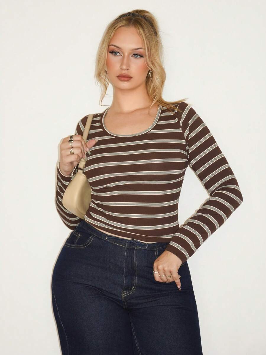 Arliah Camiseta ajustada de manga larga y cuello redondo casual a rayas para mujer - Marrón - Ver 1