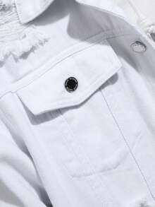 Manfinity Hypemode 男士长袖棉质破洞翻盖口袋牛仔夹克（无帽），秋季款 - 白色 - 查看 6