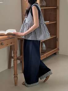 DAZY Tween Girl Plaid Round Neck Ruffle Hem Sleeveless Shirt And Pants Casual Outfit - Navy Blue - View 3