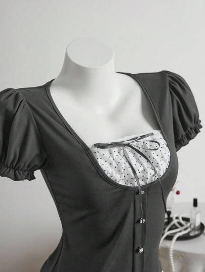 Elamini 黑色短袖复古风T恤，春夏款