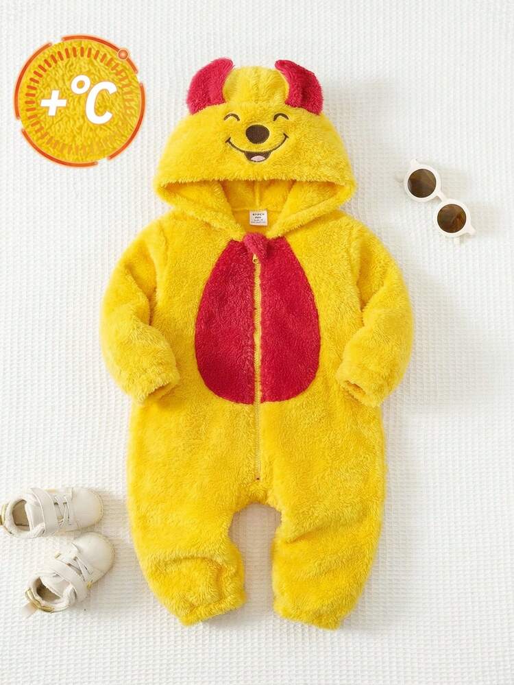 SHEIN Macacões com Capuz e Forro Térmico para Bebês Meninos, Design Fofo de Orelhas Grandes, Confortável, Versátil e Fashion, Adequado para Uso Interno, Esqui ao Ar Livre, Diário, Esportes, Brincadeiras, Festas, Fotografia, Feriados, Halloween no Outono/Inverno - Multicolorido - Visão 4
