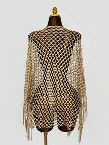 Zestiva 女士彩色渐变高开衩飘逸流苏网纱性感和服罩衫，适合海滩度假、春夏秋季穿着 - 金色 - 查看 6