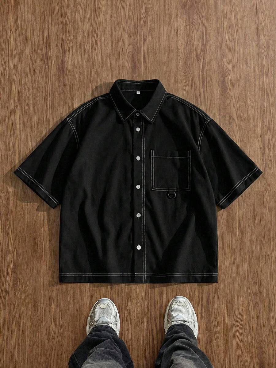 SWAVVY 男士时尚短袖口袋通勤衬衫，春夏款 - 黑色 - 查看 1