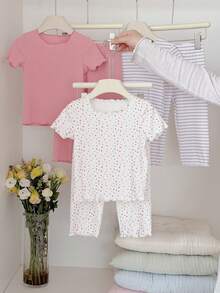 SHEIN 6件套女婴夏季套装，女婴短袖圆领波点休闲百搭家居服时尚套装 6件套/3套 - 彩色 - 查看 1