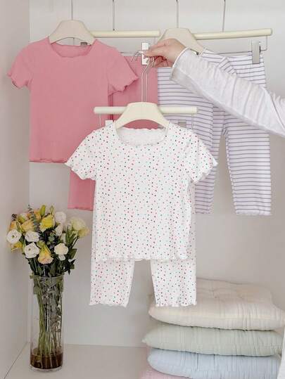 SHEIN 6pcs/Set Baby Girls' Summer Outfits, Baby GirlShort Sleeve Round Neck Polka Dot Casual Versatile Homewear Fashion 6pcs/3sets