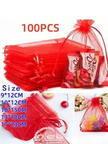 100个红色礼品欧根纱袋，礼品包装袋，适用于派对、节日、糖果、婚礼、情人节、新年、珠宝、饼干、家居装饰 - 彩色 - 查看 6